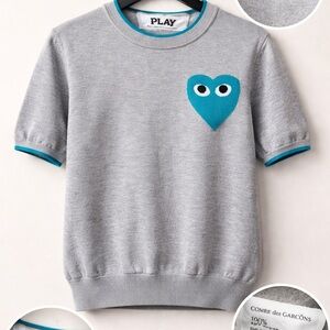 Comme des Garçons PLAY Gray Wool Short Sleeve Knit Top Heart Logo |